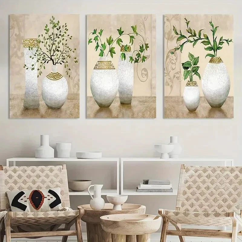 3pcs Floral Vase Designs in White & Golden Metal Print Ready to Hang Art
