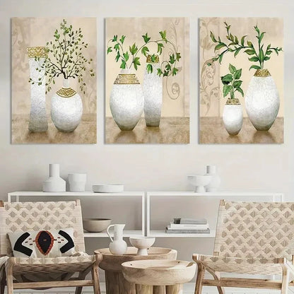 3pcs Floral Vase Designs in White & Golden Metal Print Ready to Hang Art