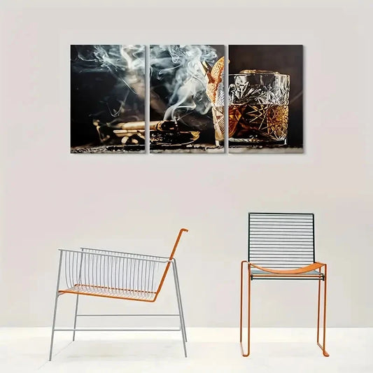 3pcs Smoky Elegance Whiskey and Cigar Metal Print Ready to Hang Art