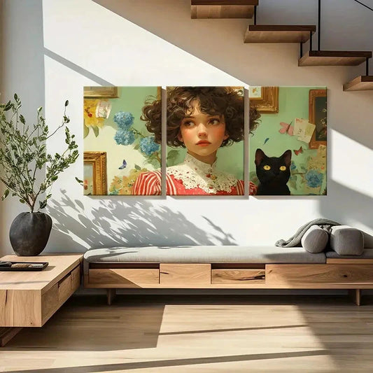 3pcs Vintage Floral Girl Portrait with Black Cat Metal Print Ready to Hang Art