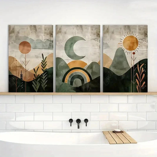 3pcs Abstract Landscape Painting Boho Wall Art Metal Print Ready to Hang Art