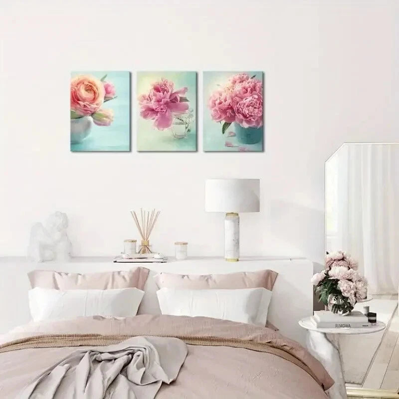 3pcs Vintage Peony Floral Teal and Pink Metal Print Ready to Hang Art