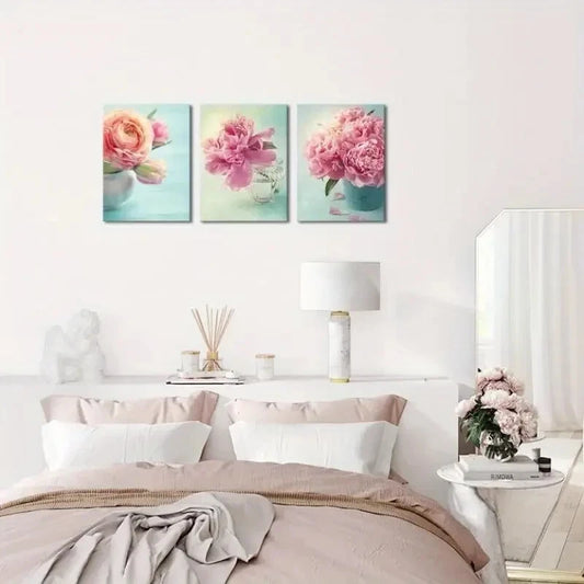 3pcs Vintage Peony Floral Teal and Pink Metal Print Ready to Hang Art