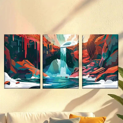 3pcs Abstract Waterfall Scene with Red Rocks Wall Art Set Canvas Framed 60x90cm - High Quality Print 100% Australian Made Wall Canvas Ready to Hang