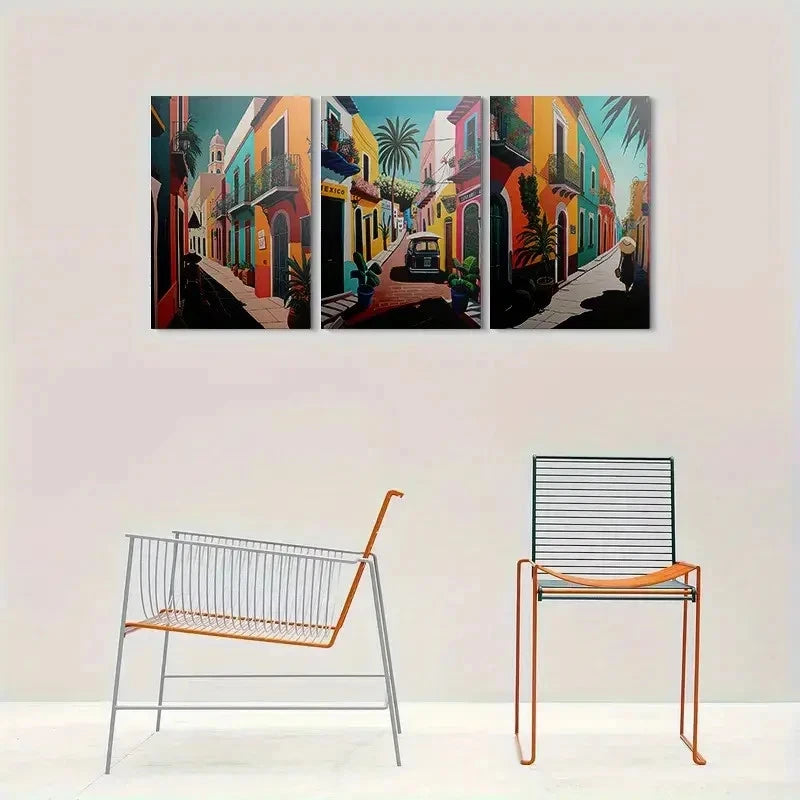 3pcs Vibrant Street Scene Balconies and Palm Trees Metal Print Ready to Hang Art