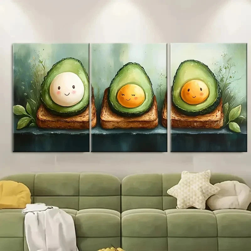 3pcs Breakfast Painting Avocado Toast and Eggs Metal Print Ready to Hang Art