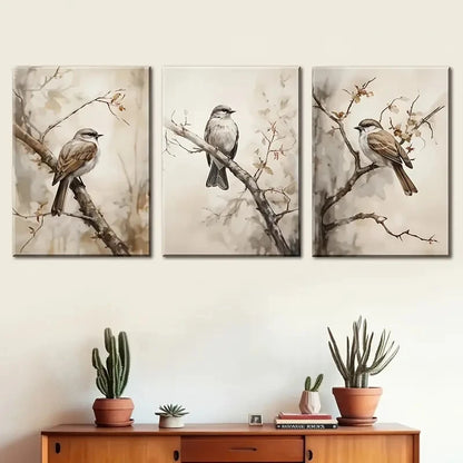 3pcs Realistic Bird Illustrations on Branches Metal Print Ready to Hang Art