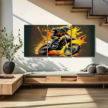 3pcs Yellow Motocross Canvas Painting Style Metal Print Ready to Hang Art