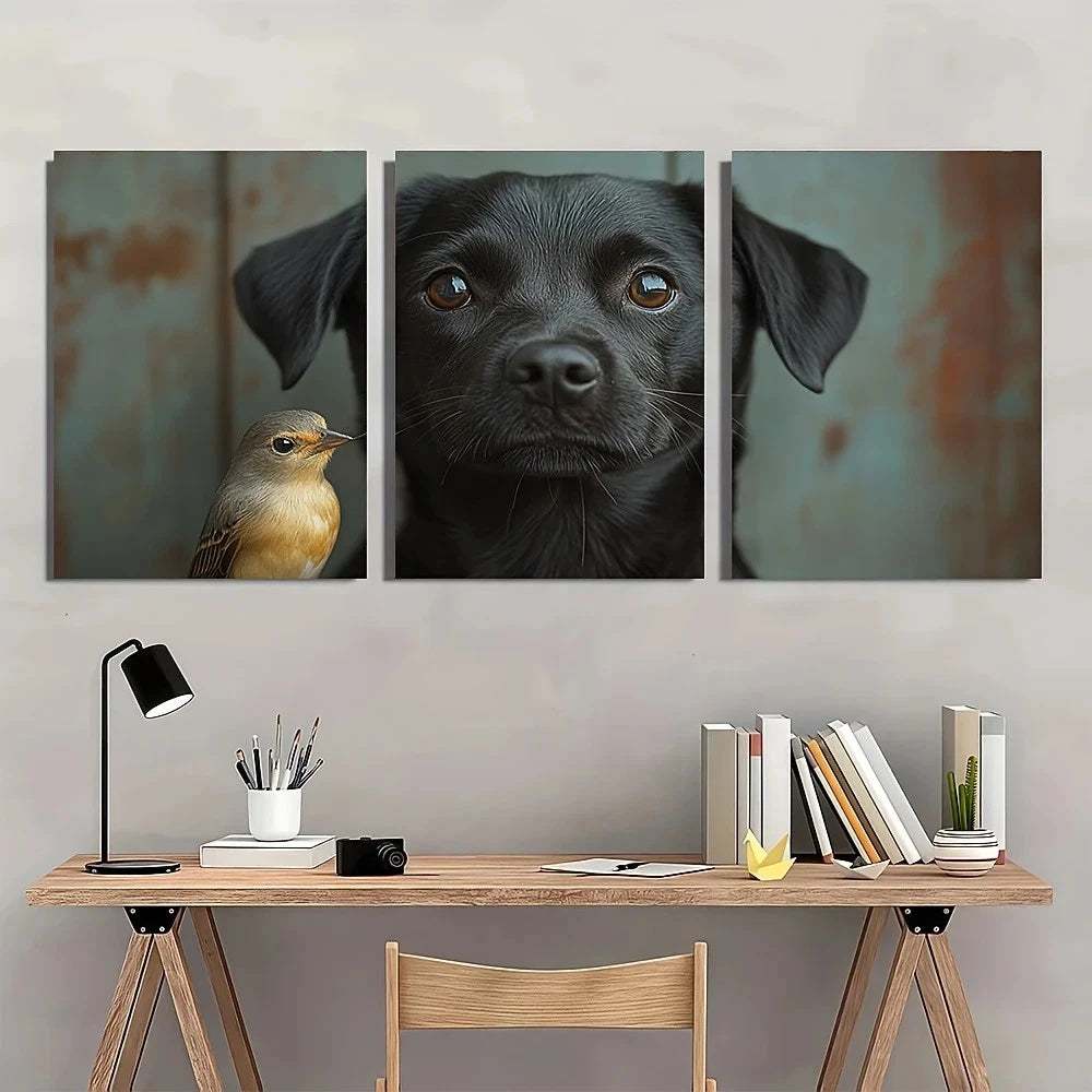 3pcs Black Dog & Bird Rustic Nature Metal Print Ready to Hang Art