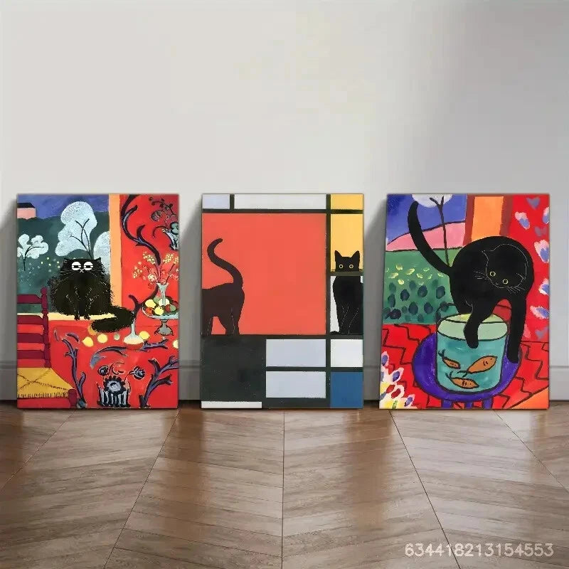 3pcs Whimsical Cat & Vibrant Floral Designs Metal Print Ready to Hang Art