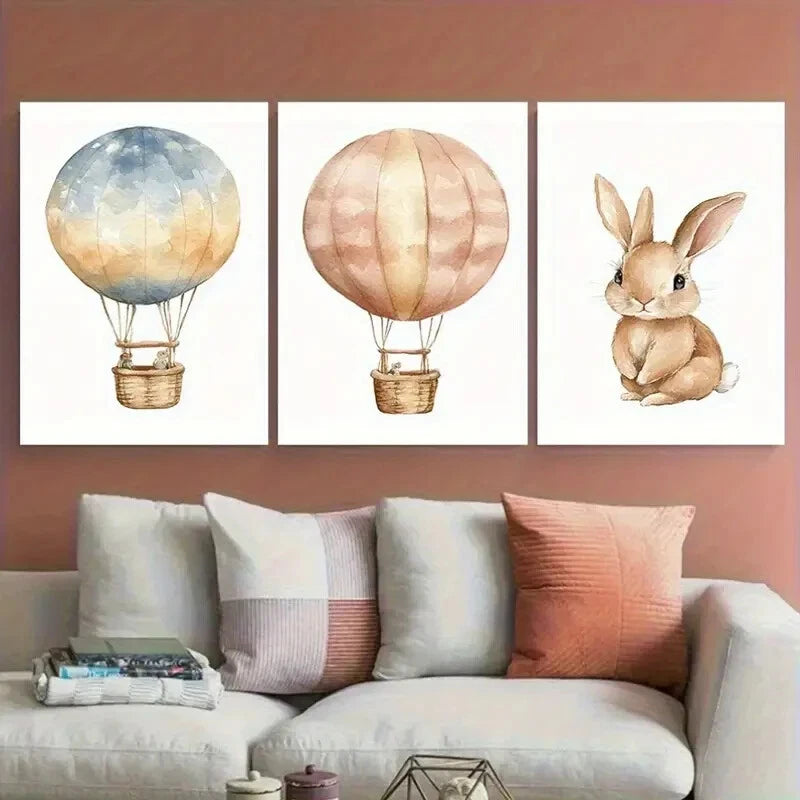 3pcs Cute Bunny Hot Air Balloon Nursery Design Metal Print Ready to Hang Art