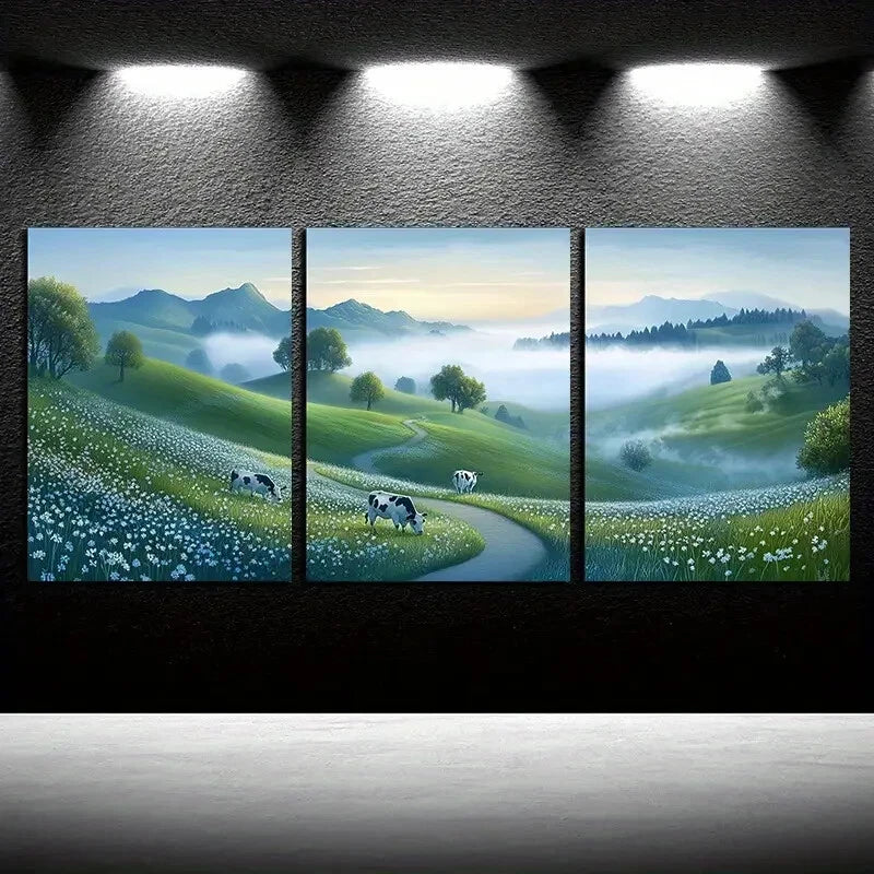 3pcs Scenic Grassland with White Flowers Metal Print Ready to Hang Art