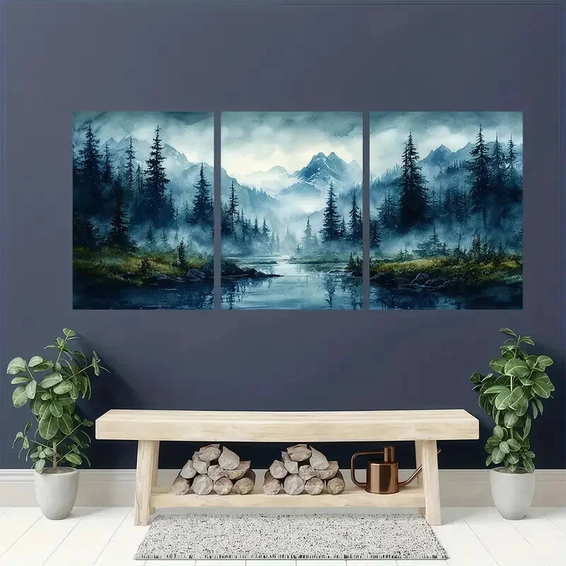 3pcs Abstract Ocean Wave Blue & Green Minimalist Metal Print Ready to Hang Art