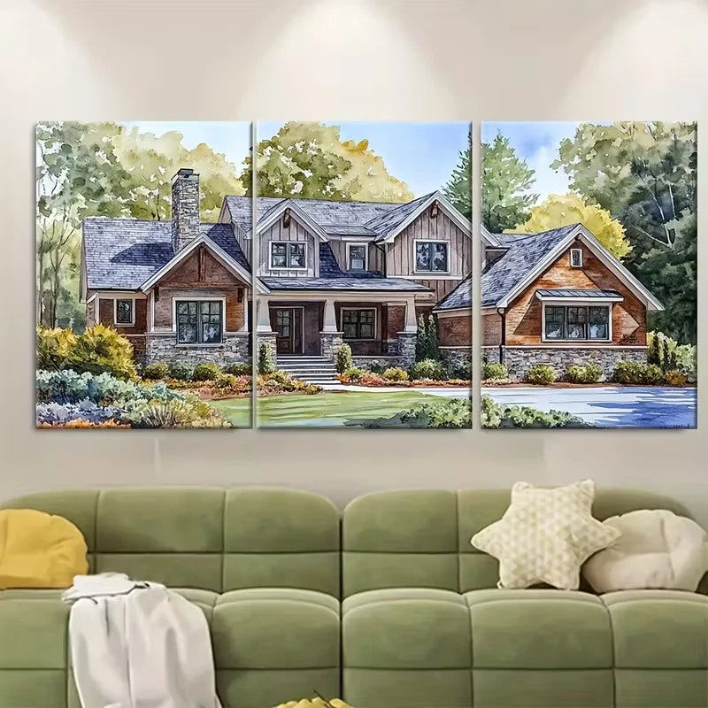 3pcs Watercolor House Painting Metal Print Ready to Hang Art