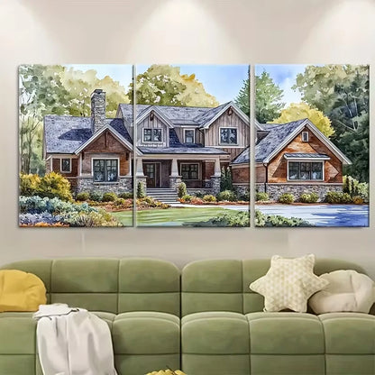 3pcs Watercolor House Painting Metal Print Ready to Hang Art