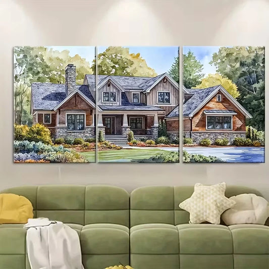 3pcs Watercolor House Painting Metal Print Ready to Hang Art