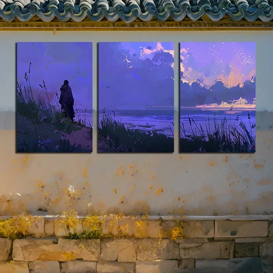 3pcs Vibrant Girl on The Beach Purple Illustration Metal Print Ready to Hang Art