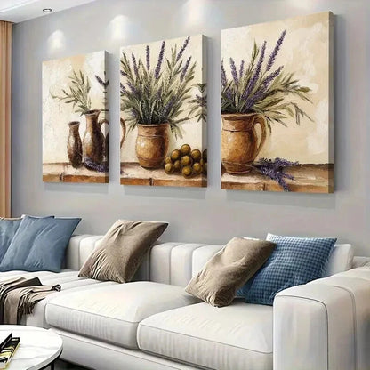 3pcs Lavender And Olive In Rustic Vases Wall Art Set Canvas Framed 40x60cm - High Quality Print 100% Australian Made Wall Canvas Ready to Hang
