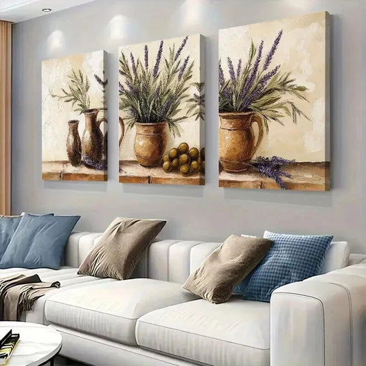3pcs Lavender And Olive In Rustic Vases Wall Art Set Canvas Framed 40x60cm - High Quality Print 100% Australian Made Wall Canvas Ready to Hang