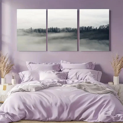 3pcs Blue & Grey Landscape with Foggy Trees Metal Print Ready to Hang Art