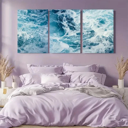 3pcs Ocean Waves Vibrant Blue White Coastal Decor Metal Print Ready to Hang Art