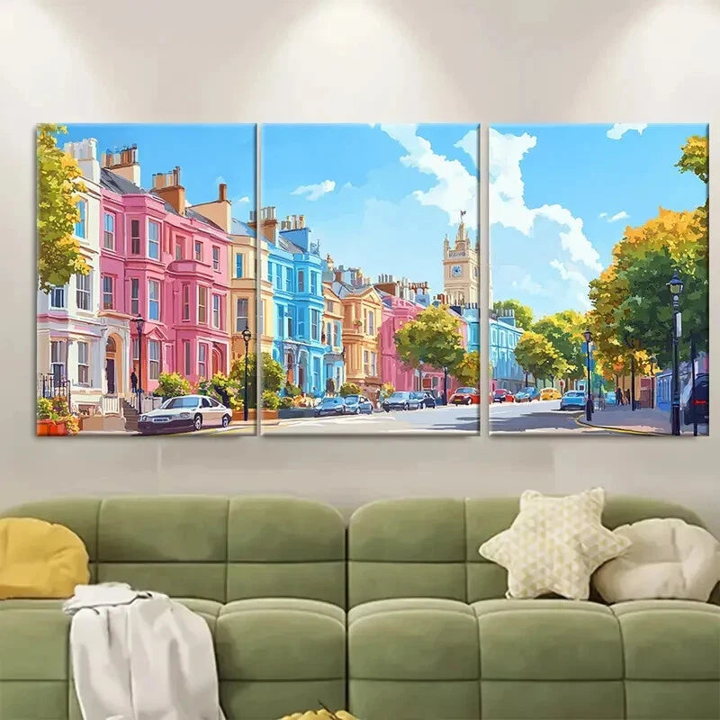 3pcs Colorful London Street Scene with Townhouse Metal Print Ready to Hang Art
