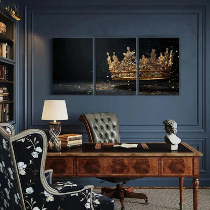 3pcs Golden Crown Royal Jewels Luxury Decor Metal Print Ready to Hang Art