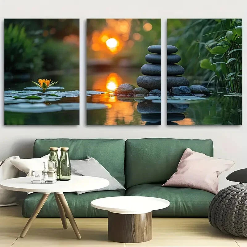 3pcs Zen Garden Bamboo & Lily Pad Pond Metal Print Ready to Hang Art