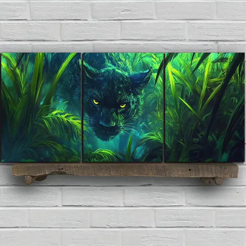 3pcs Leopard in The Grass Stunning Green Metal Print Ready to Hang Art