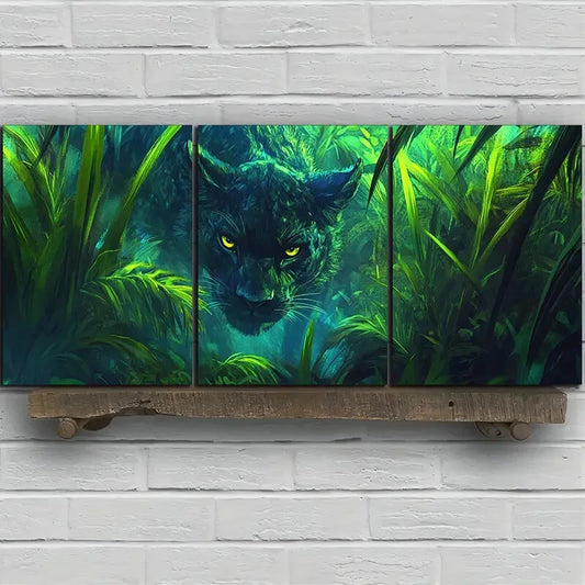 3pcs Leopard in The Grass Stunning Green Metal Print Ready to Hang Art