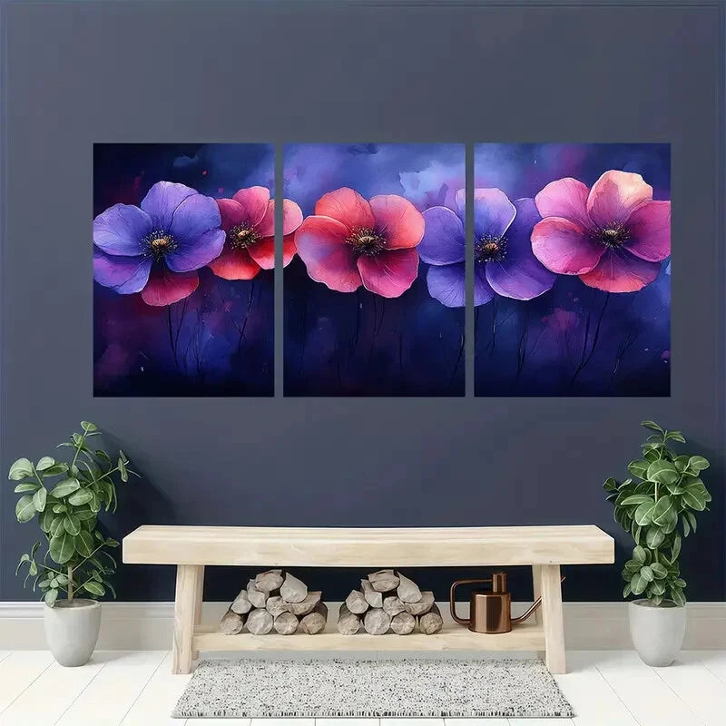3pcs Vibrant Purple & Pink Floral Abstract Metal Print Ready to Hang Art