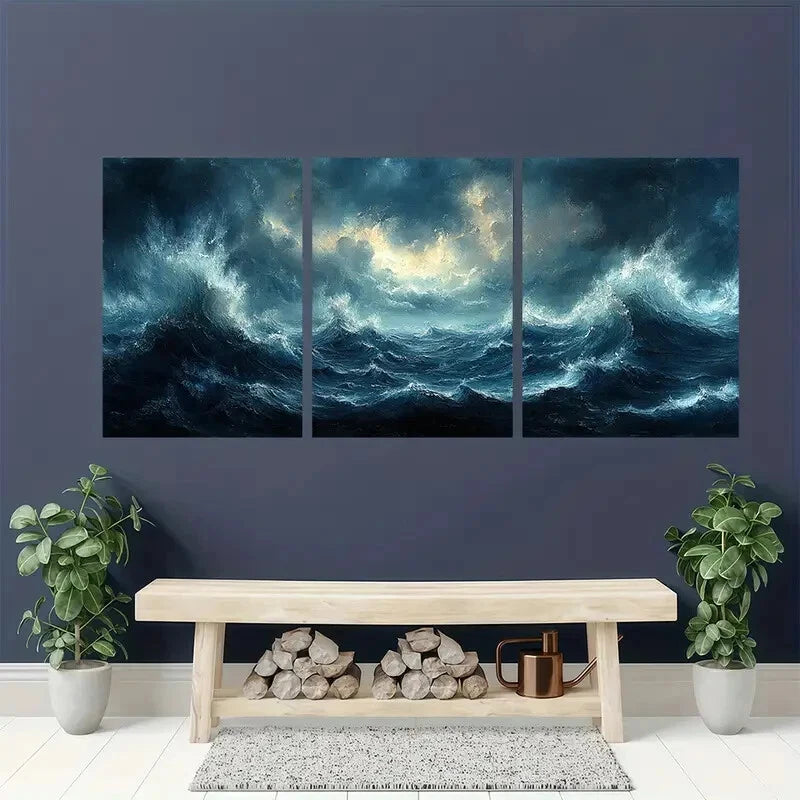 3pcs Moody Thunderstorm Seascape Atmosphere Metal Print Ready to Hang Art