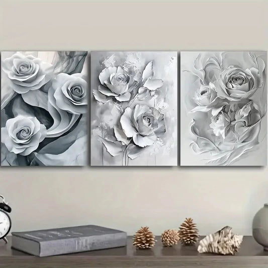 3pcs Paintings Featuring White Roses Floral Metal Print Ready to Hang Art