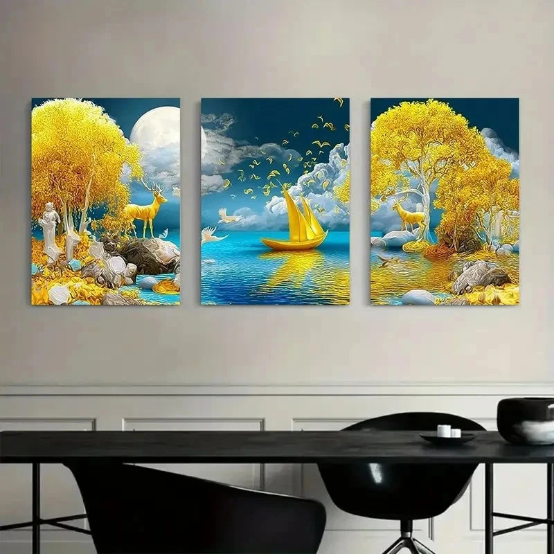 3pcs Fantasy Landscape with Yellow Trees Metal Print Ready to Hang Art