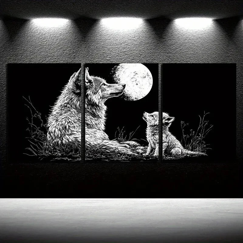 3pcs Wolf Under the Moon with Baby Illustration Metal Print Ready to Hang Art