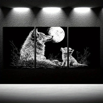 3pcs Wolf Under the Moon with Baby Illustration Metal Print Ready to Hang Art