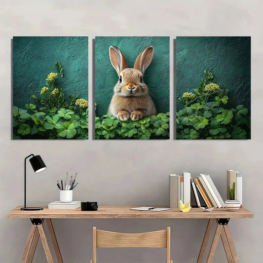 3pcs Bunny & Shamrock Green Clover and Rabbit Wall Art Set Canvas Framed 50x70cm - High Quality Print 100% Australian Made Wall Canvas Ready to Hang