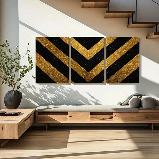 3pcs Abstract Golden Glitter Chevron Stripes Metal Print Ready to Hang Art