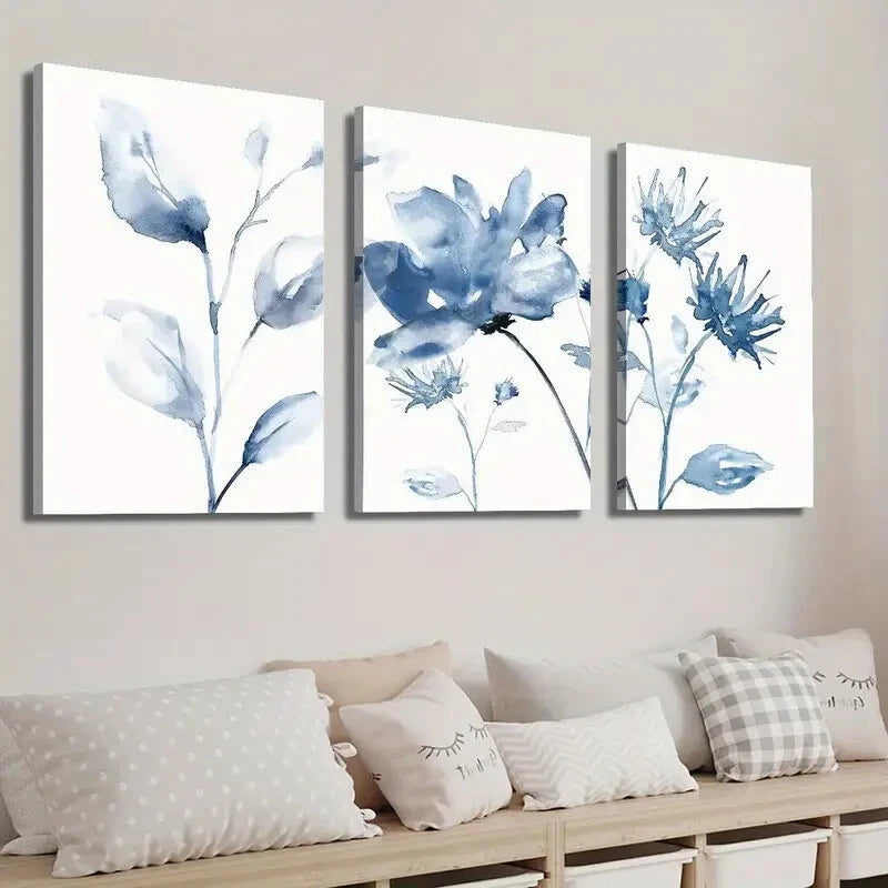 3pcs Botanical Decor with White and Blue Flowers Wall Art Set Canvas Framed 40x60cm - High Quality Print 100% Australian Made Wall Canvas Ready to Hang