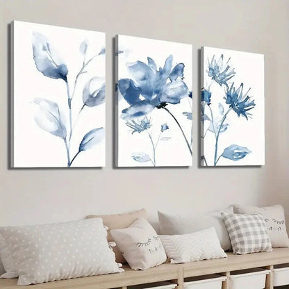 3pcs Botanical Decor with White and Blue Flowers Wall Art Set Canvas Framed 40x60cm - High Quality Print 100% Australian Made Wall Canvas Ready to Hang