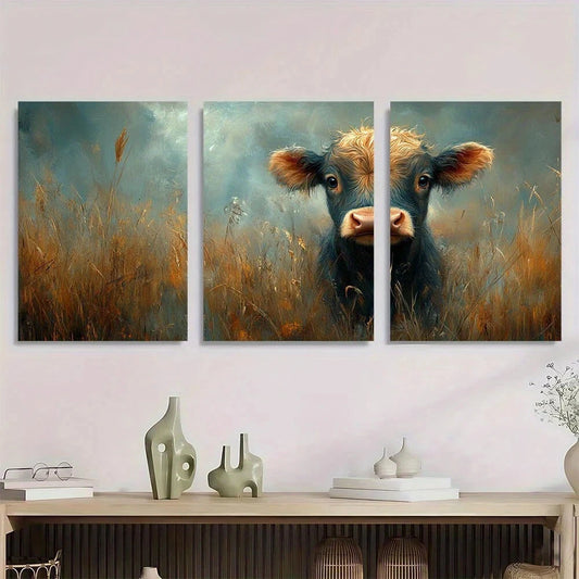 3pcs Charming Cow in Golden Wheat Field Vibrant Metal Print Ready to Hang Art