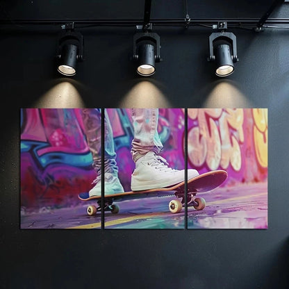 3pcs Skateboarding & Graffiti Motif Sports Theme Metal Print Ready to Hang Art