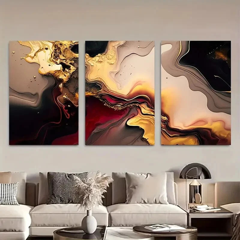 3pcs Red Golden Marble Patterns Luxury Metal Print Ready to Hang Art