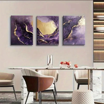 3pcs Purple and Golden Abstract Fluid Art Metal Print Ready to Hang Art