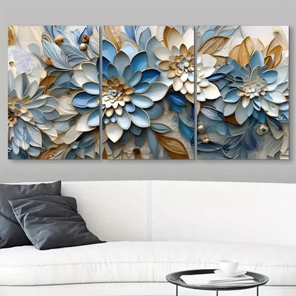 3pcs Blue White & Gold Abstract Flower Canvas Framed 40x60cm - High Quality Print 100% Australian Made Wall Canvas Ready to Hang