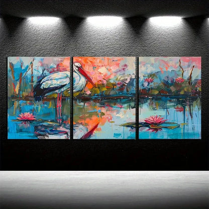 3pcs Storks Foraging in Swamp Water Metal Print Ready to Hang Art