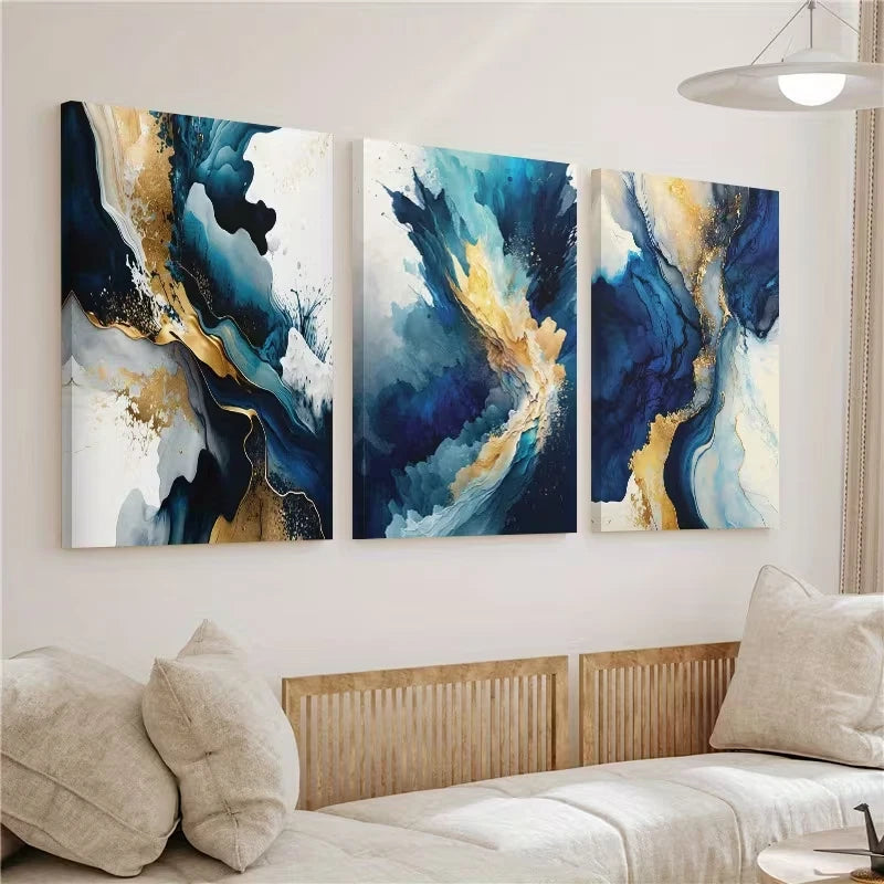 3pcs Blue Golden Abstract Ink Wall Art Set Canvas Framed 60x90cm - High Quality Print 100% Australian Made Wall Canvas Ready to Hang