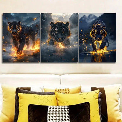 3pcs Featuring a Black Tiger with Golden Eyes Metal Print Ready to Hang Art