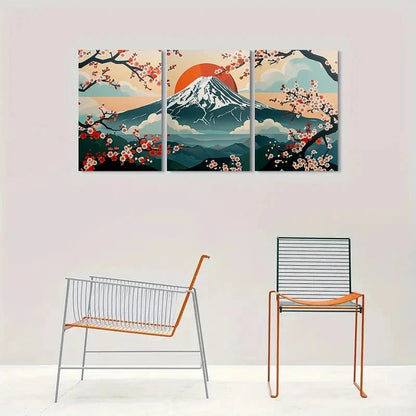 3pcs Cherry Blossom and Mountain View Metal Print Ready to Hang Art