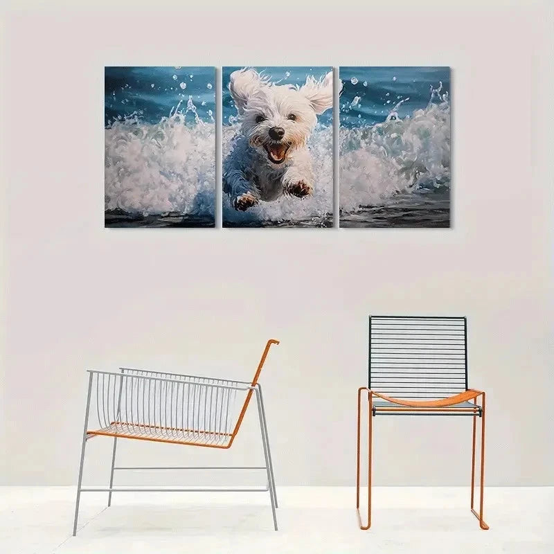 3pcs Adorable White Dog Running in Water Metal Print Ready to Hang Art